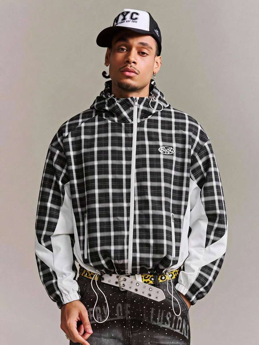 Manfinity EMRG Men's Casual Plaid Hooded Jacket, Fashion Jacket, Men's Casual Lightweight Jacket - Black - View 1