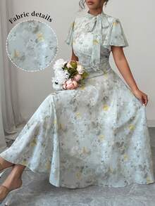 Modelyn Vestido acampanado con cordones, cintura ceñida, fruncido y estampado de mariposas para mujer - Verde - Ver 4