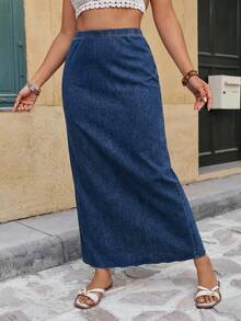 SHEIN CURVE+ CURVE+ Plus Size High Stretch Denim Maxi Skirt, Casual Everyday & Streetwear Skirts For Women Jean Skirt - Dark Wash - View 5