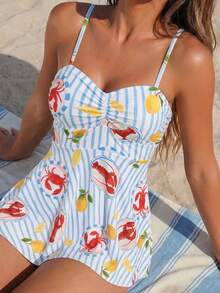 Vaclyn Women's Summer Beach Striped Crab Print Tankini Set - Multicolor - View 4