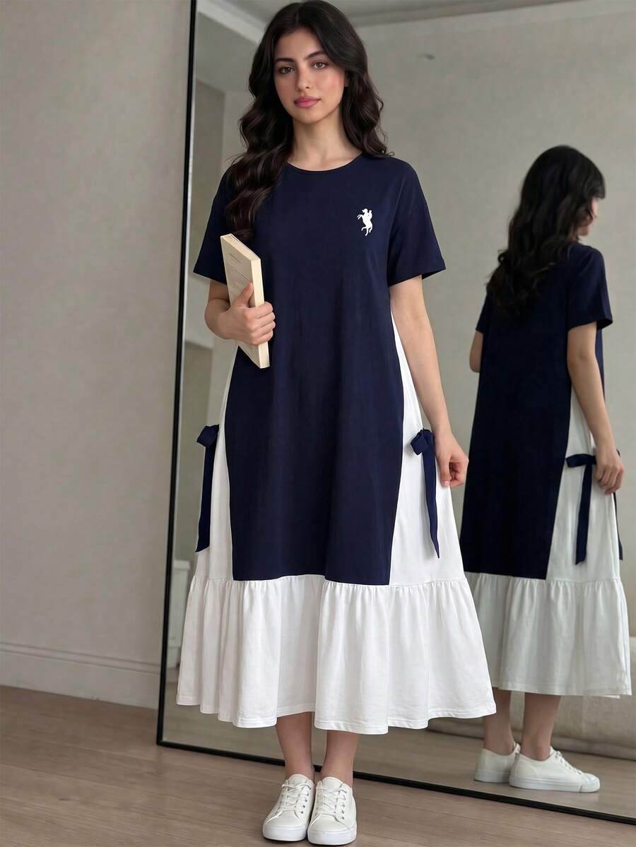青少年女孩波點拼色拼接短袖中長洋裝,適合校園、戶外活動、購物,鈕扣洋裝 - 藍色 - 查看 1