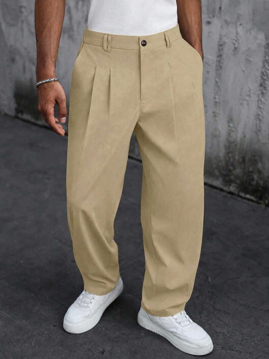 SLATEMANN Pantalones casuales de pierna recta con pliegues y bolsillos de unicolor para hombre - Caqui - Ver 1