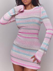 MUSERA Multi Colour Stripe Open Tie Back Long Sleeve Knitted Mini Dress Sexy Cute Spring Summer Holiday Vacation Going Out Girly Cool Girl Late Checkout - Pink - View 3