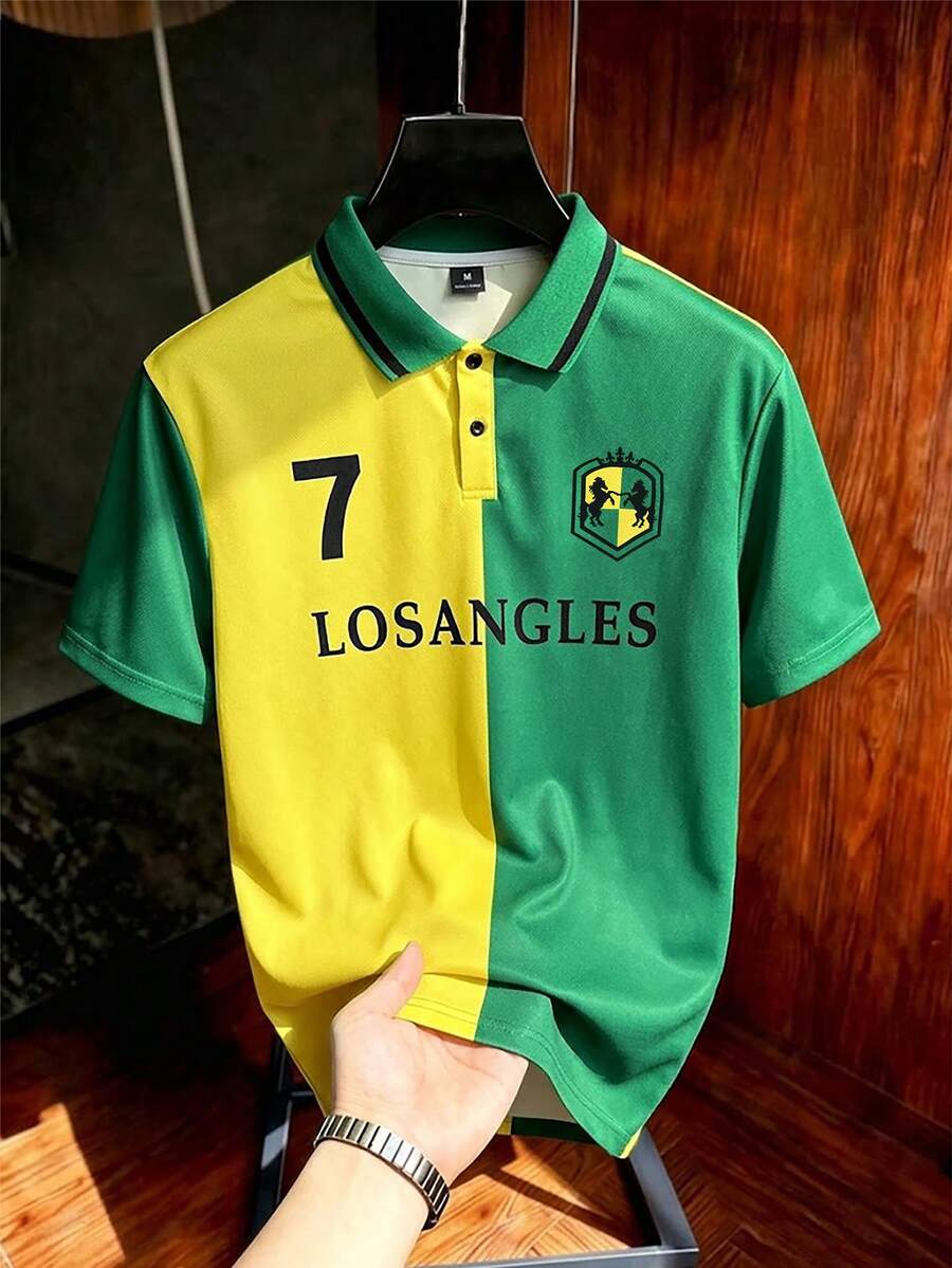 Manfinity Homme 男士字母與數字印花拼色休閒百搭通勤旅行短袖 Polo 衫,適合儀式場合 - 綠色 - 查看 1
