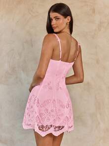 Enchnt Sweet Cute Fashionable Elegant Square Neck Embroidered Waist-Cinching Sleeveless A-Line Ruffle Mini Dress - Baby Pink - View 3
