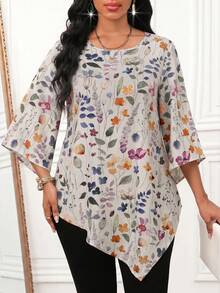 SHEIN Lady Women's Plant Pattern 3/4 Sleeve Asymmetrical Hem Loose Fit Blouse Garden Party Day Party Off White Autumn Elegant - Multicolor - View 3