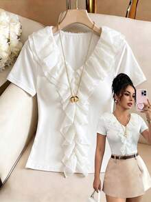 EMERY ROSE Camiseta de verano elegante de unicolor con ribete de volantes - Blanco - Ver 3