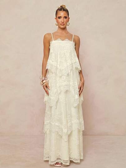 Lumalex Ivory Floral Lace Spaghetti Strap Tiered Ruffle Overlay Scalloped Trim Crisscross Tie Back Flowy A Line Maxi Dress Luxury Party Vacation Dresses