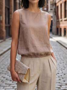 SHEIN Spring/Summer Lazy Relaxed Style Ramie Sleeveless Tank Top, Round Neck Elastic Waist Cinched Short Blouse, Casual Vacation Women's Shirt Khaki Brunch - Khaki - View 5