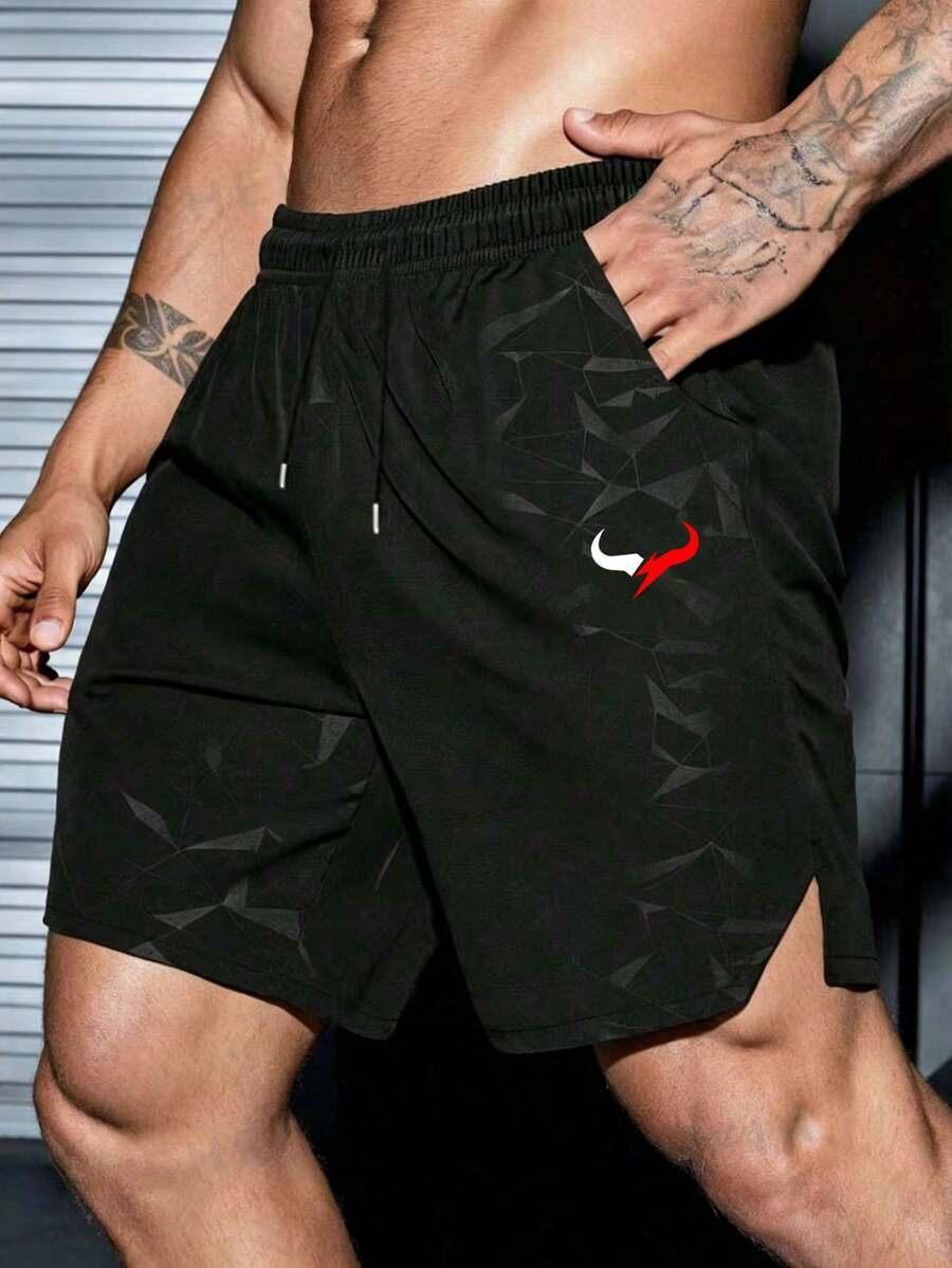 Gym Rark Men's Horn Print Drawstring Waist Pocket Sports Shorts - Black - View 1