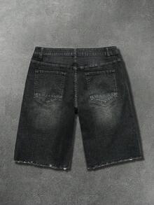 Manfinity Roghcode Men's Casual Versatile Black Washed Distressed Design Stretch Denim Shorts - Black - View 2