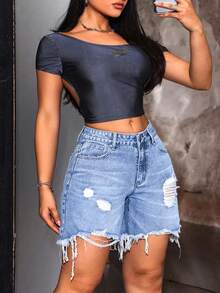SHEIN Tall CURVE Plus Size Summer Casual Distressed Denim Shorts - Light Wash - View 5
