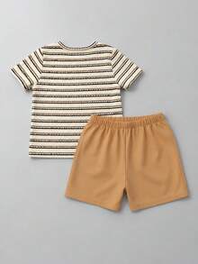 2pcs Boys Spring/Summer Striped Textured Short Sleeve Shirt & Shorts Set, Family Gathering, Beach Vacation - Multicolor - View 2