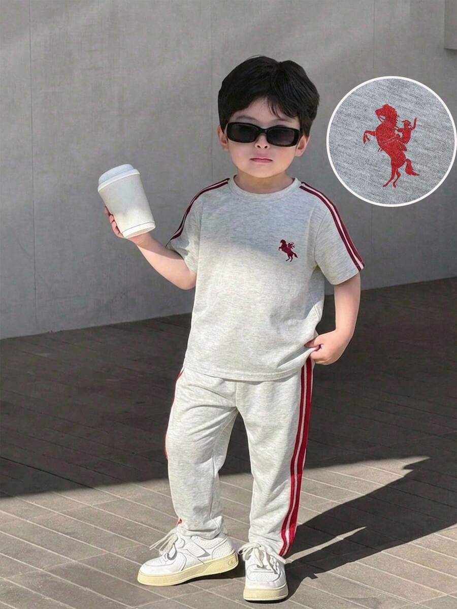 SHEIN 2件裝青少年男孩休閒基本百搭短袖上衣與長褲套裝,適合外出、上學、日常聚會,春夏季與秋冬穿搭,拉鍊設計,青少年男孩服飾,圓領運動衫套裝 - 彩色 - 查看 1