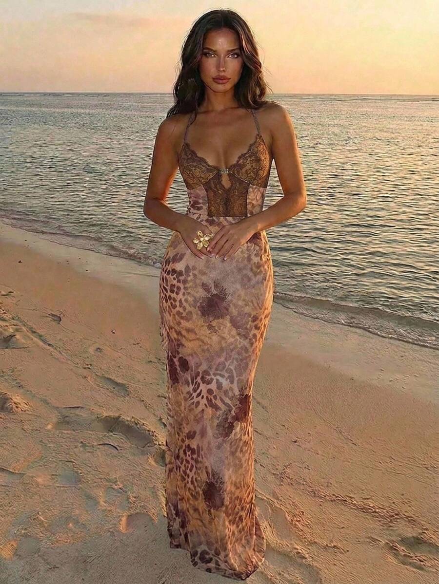 Aloruh Women's Spring/Summer Vacation Butterfly Mesh Cheetah Print Halter Neck Lace Patchwork Extra Long Slit Ruffle Dress, Brown, Country Concert, Y2K Beach