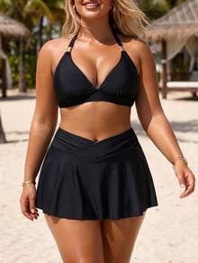 Swim Lushoire 2026 New Plus Size Women's Black Criss-Cross High Waist A-Line Swim Skirt, Summer Holiday Outfit, Party Wear, Elegant Women's Beach Swimwear, Women's Vacation Clothing - Black - View 3