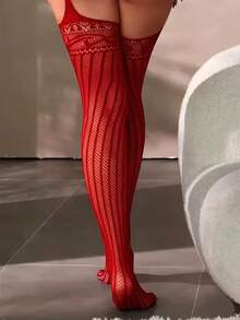 ChaseTheNight Women's Sexy Lingerie Bodystocking | Halter Neck Open Crotch Design | High-Elasticity Nylon & Elastane Blend | Sleek Black Fishnet Patterned Mesh | Hollow Out Details | Stretchy, Non-Transparent | Hand Washable | Intimate Apparel For Adults, Rave - Red - View 4