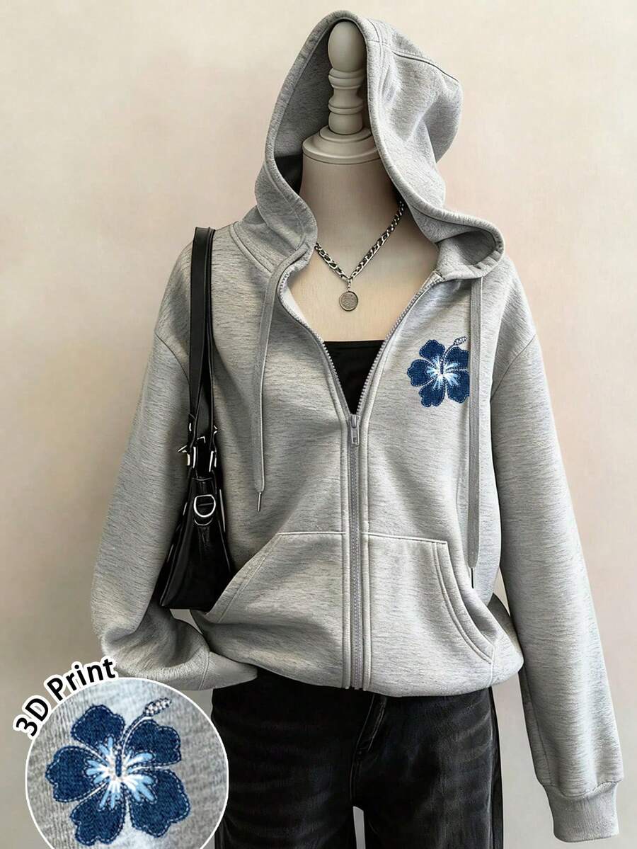 Attitoon 女款麻灰拉鍊連帽外套－藍色3D花卉；復古；夏/秋；海灘/度假村；返校季 - 淺灰色 - View 1
