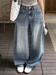 Livesso Petite Women's Pocket Button Casual Versatile Daily Outing Wide Leg Jeans ,Petite Women - Blue - View 9