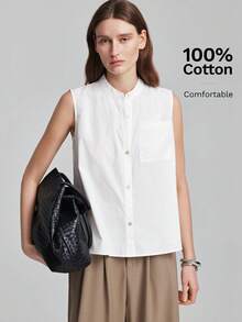 Ontre 2026 New Autumn Women's Loose Fit White Sleeveless Top, Woven Fabric, Round Neck, Button Front, Ruffle Hem, A-Line, Casual, Work Teachers' Day - White - View 5