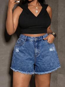 SHEIN PETITE CURVE Petite Women's Plus Size Blue Denim Distressed Shorts - Medium Wash - View 1