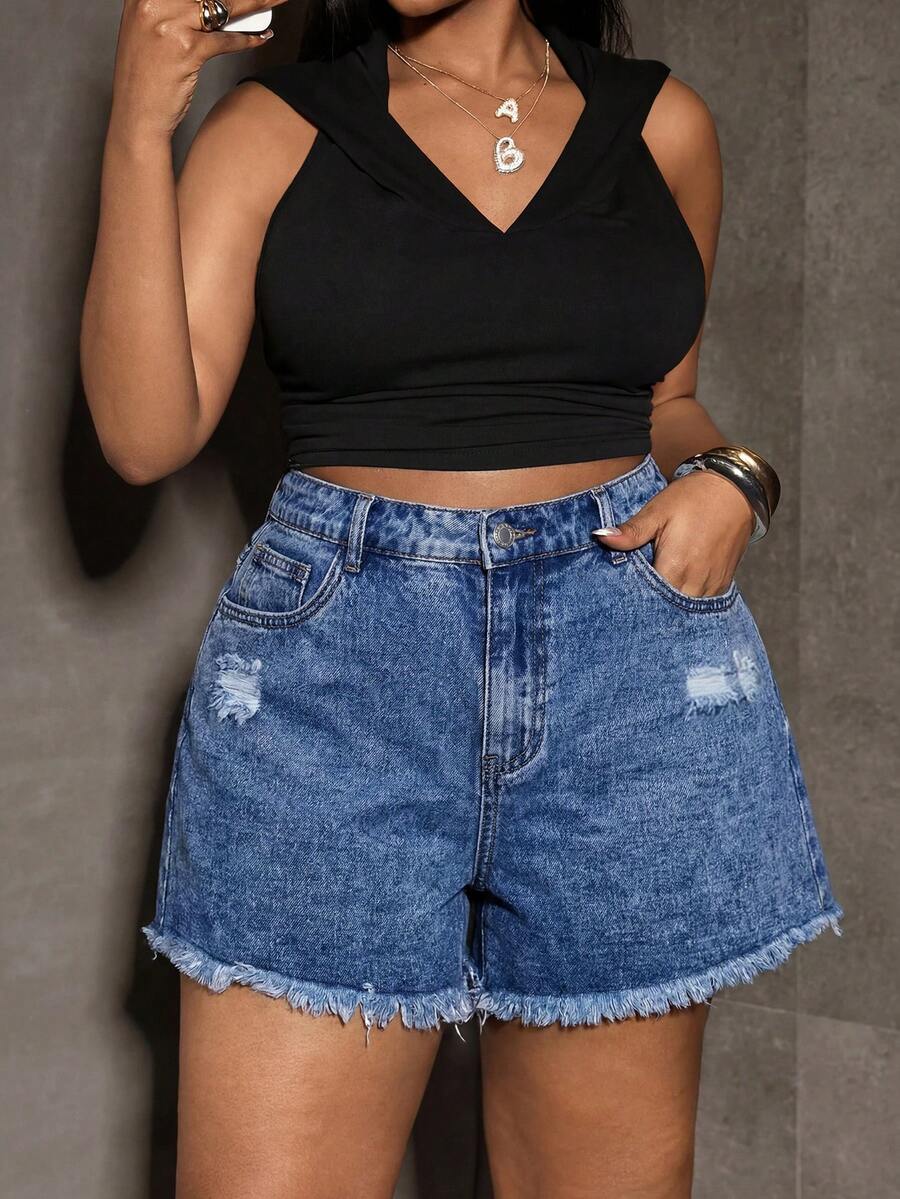 SHEIN PETITE CURVE Petite Women's Plus Size Blue Denim Distressed Shorts - Medium Wash - View 1