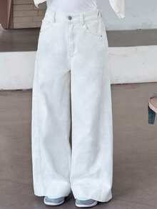 Dazy Kids Tween Girls' Casual Versatile Solid Color Wide Leg Jeans - White - View 4