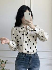 Celisse Camicetta da donna a pois in tessuto, con fiocco al collo, patchwork in pizzo, maniche lunghe a sbuffo, stile casual - Bianco - Visualizzare 4