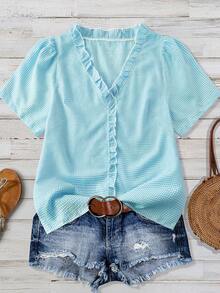 Linhara Women's Plus Size Solid Color Textured Fabric V-Neck Short Sleeve Casual Regular Fit Shirt, Going Out Tops, Vacation Club - Mint Blue - View 5