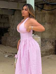 Maria Perezxox Damen Lässig Kleid mit Rückenschnürung und Karomuster, Polka Dot Kleid Rosa Elegant Party - Pink - Übersicht 5