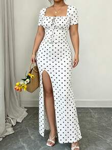 SHEIN Clasi Plus Size Women's Allover White Print Front Tie Short Sleeve Split Hem Dress Dates Formal Summer Elegant - Black and White - View 4