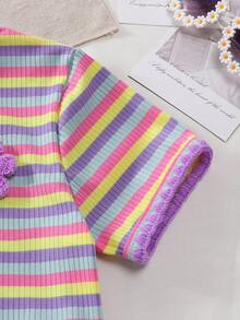 SHEIN Elladie kids 女童兩件式春夏套裝，圓領T恤搭配牛仔裙褲套裝，刺繡設計，簡約時尚短袖短褲套裝 - 紫色 - 查看 8