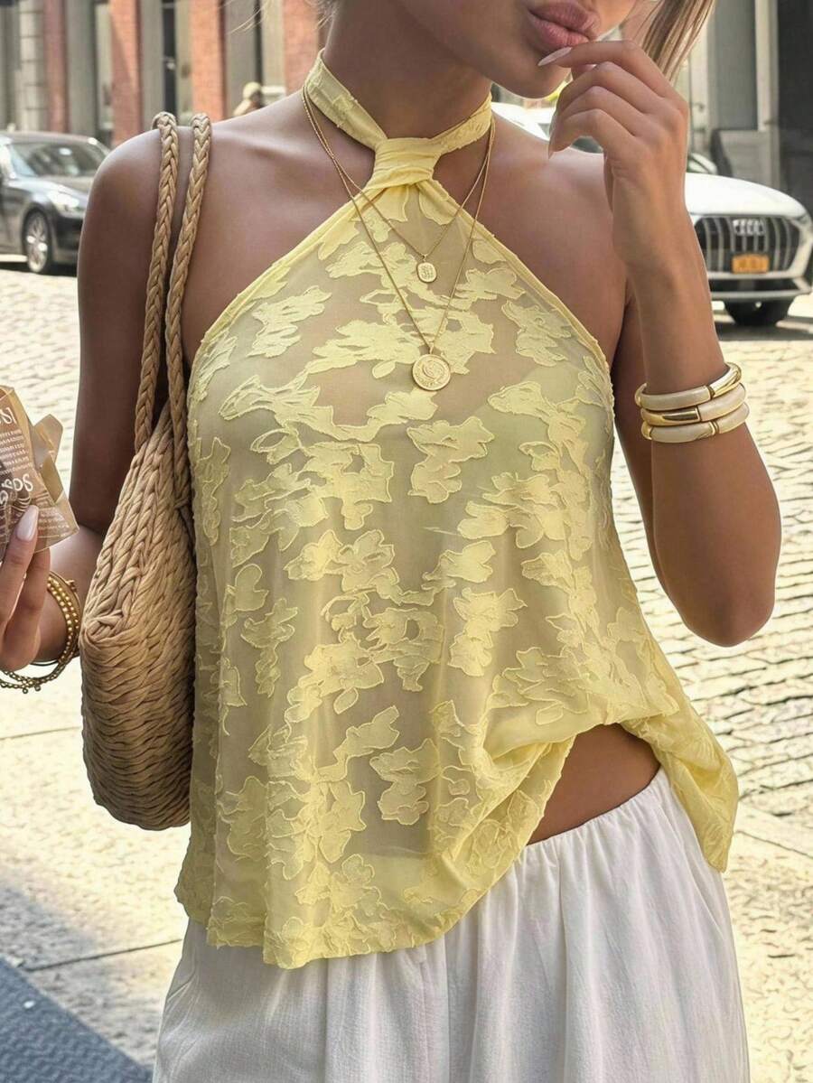 SHEIN EZwear 女款黃色掛脖透視性感歐風輕盈熱帶上衣,適合度假、夏季早午餐 - 黃色 - 查看 1