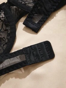 Charlaine 黑色鋼圈舒適巴爾科內特聚攏胸罩，刺繡蕾絲拼接浪漫法式優雅女款內衣 - 黑色 - 查看 4