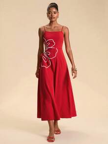 Travachic Vacation Petal Embroidery Cutout Ruched Cami Dress Vacation Red Floral Summer Elegant - Red - View 6