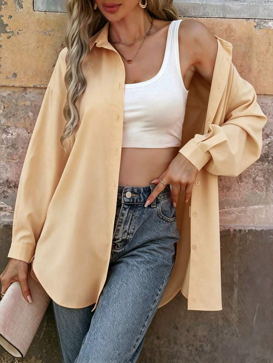SHEIN Clasi Casual Versatile Commute Solid Color Shirt - Apricot - View 1
