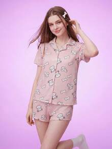 Notgurli Women's Summer Printed Lapel Cardigan Short Sleeve Shorts Casual Simple Comfortable Loungewear Pajama Set - Pink - View 7