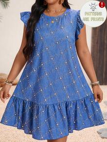 SHEIN Holidaya Plus Size Women's Rhinestone Design Round Neck Short Flutter Sleeve Ruffle Hem Casual Dress - Blue - View 1