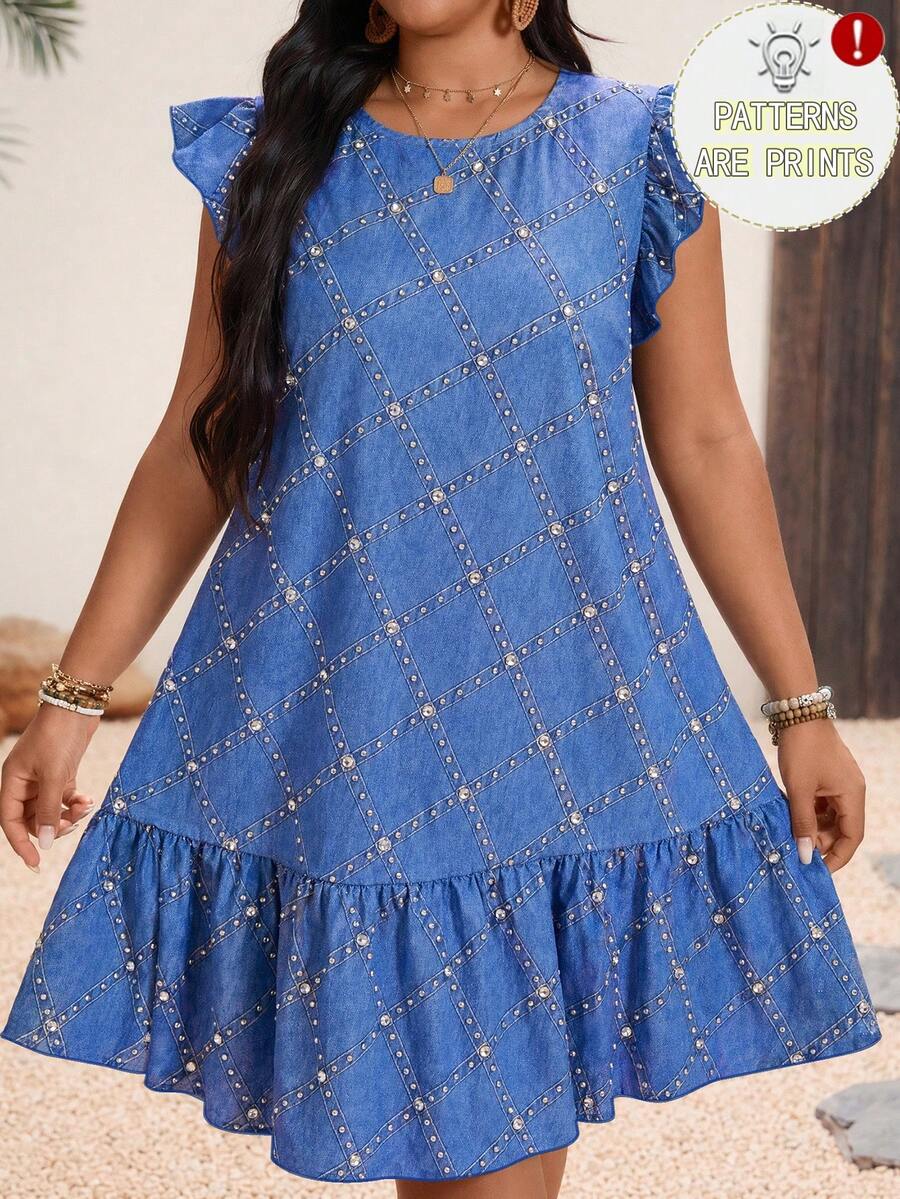 SHEIN Holidaya Plus Size Women's Rhinestone Design Round Neck Short Flutter Sleeve Ruffle Hem Casual Dress - Blue - View 1