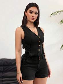 Rivivi 女款V領單排扣休閒側綁帶牛仔背心 - 黑色 - 查看 5