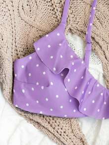 Swim Mod 女款夏季海灘度假波點碎花印花荷葉邊比基尼套裝 - 淡紫色 - 查看 5