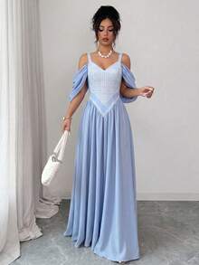 Elenzga Elegant Romantic Exquisite Women's Spaghetti Strap Sexy Off-Shoulder Print A-Line Vacation Dress - Dusty Blue - View 7