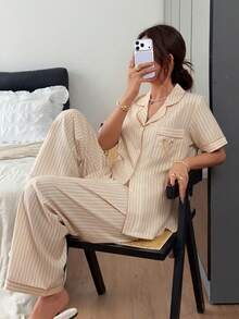 Napfluff Classic Striped Collar Short Sleeve Long Pants Pajama Set - Yellow - View 6