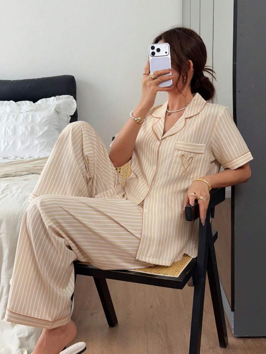 Napfluff Classic Striped Collar Short Sleeve Long Pants Pajama Set - Yellow - View 1