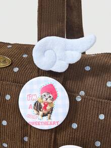 ROMWE Kawaii Y2K 大學風波點印花多口袋托特包，附翅膀徽章卡套吊飾，時尚女款單肩包，適合日常通勤 - 咖藍色 - 查看 5