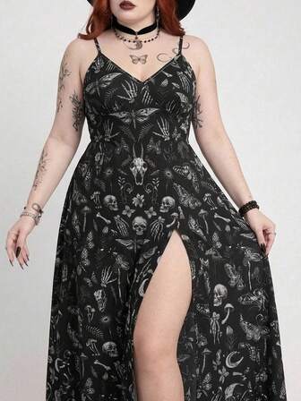 Gothic Skull Pattern Velvet Waist-Cinching A-Line Midi Dress With Slit, Plus Size (Comes With Waist Chain)
