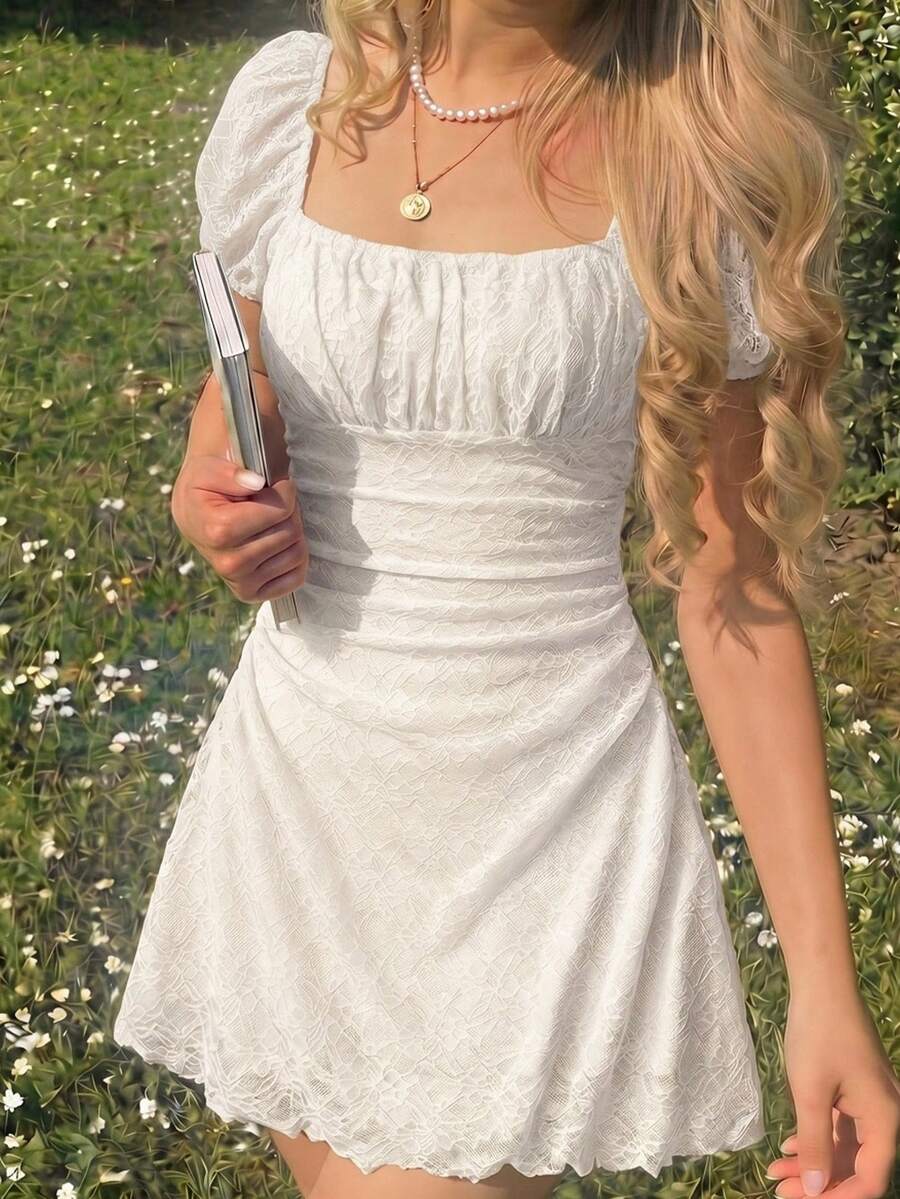 SHEIN 青少年女孩優雅度假休閒蕾絲方領抓皺腰A字洋裝,黃色洋裝 - 白色 - 查看 1