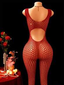 ChaseTheNight Women's Sexy Halter Neck Open Crotch Bodystocking,High-Elasticity Nylon & Elastane Fishnet Mesh Hollow Out Lingerie,Stretchy Adult Intimate Apparel - Red - View 2