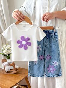 SHEIN Vintaside Kids 嬰兒/幼兒（女童）白色羅紋針織短袖T恤與藍色長褲花卉套裝，時尚休閒花卉穿搭 - 白色 - 查看 4