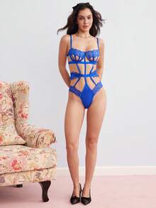 Elorette 女士性感蕾丝连体衣外出内衣 - 寶藍色 - 查看 2